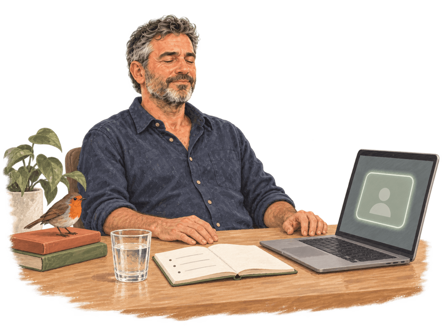 A coach closes his eyes for one slow breath at his desk while his laptop waits for another coach to join