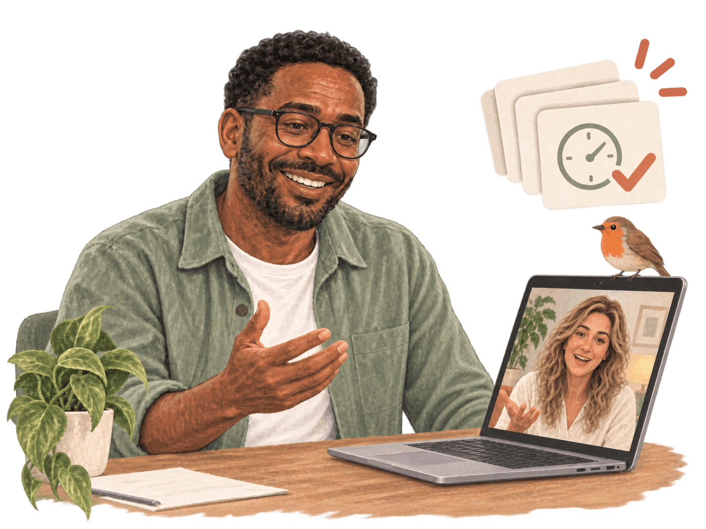 A coach talks with another coach on a video call while a stack of logged session cards gets a tick